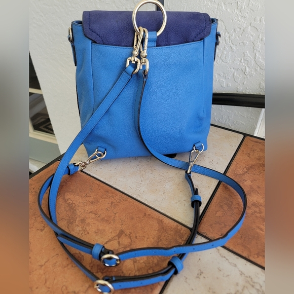 Henri Bendel Convertable Backpack In Pebble Grain Perriwinkle Leather/Navy Suede - Picture 7 of 16